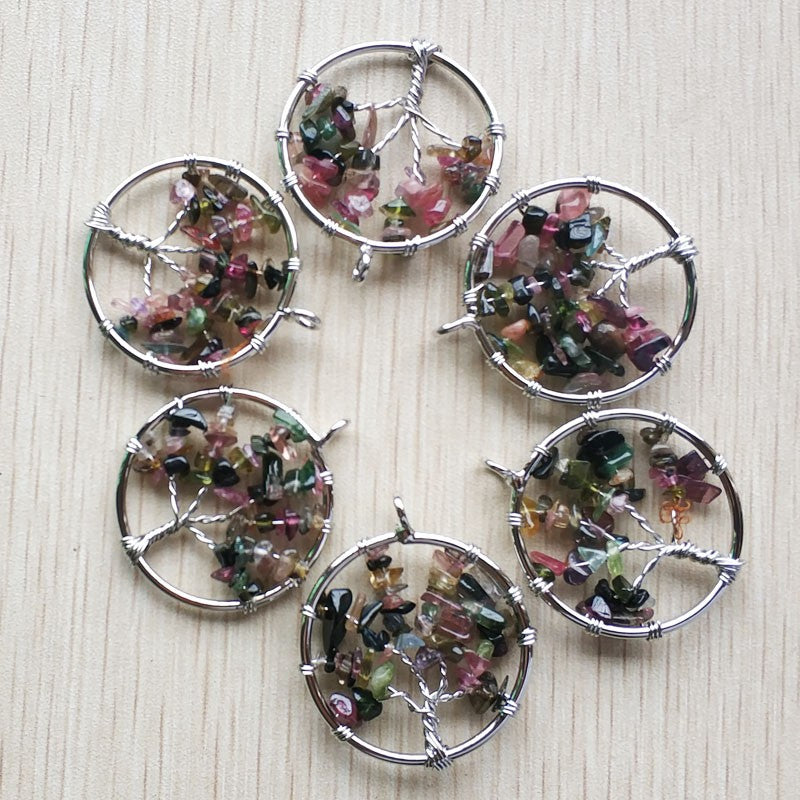 Natural Amethysts Roses Quartz Stone Handmade Wire Wrapped Tree of Life Pendants 30mm for Jewelry Marking Wholesale 12pcs/lot