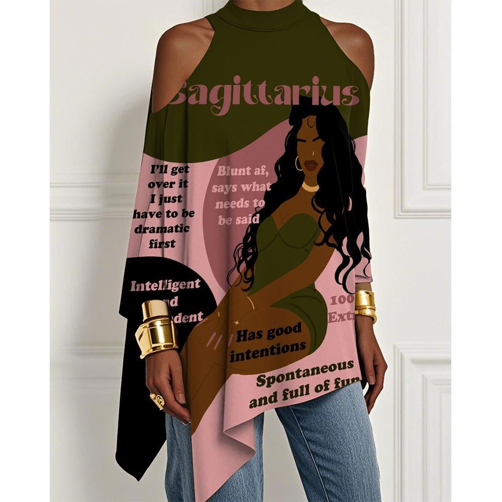 European And American Trendy Printed Off-the-shoulder Skirt Irregular Hem Design Dress Fashionable Loose Long-sleeved T-shirt