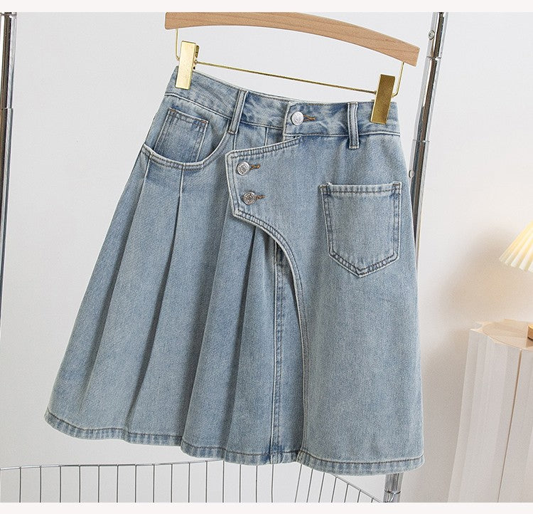 Plus Size Denim A Line Skirt With Lining 2024 Summer New Korean Fashion Pleated Midi Jean Skirt Woman Blue Color Jeans Skirts
