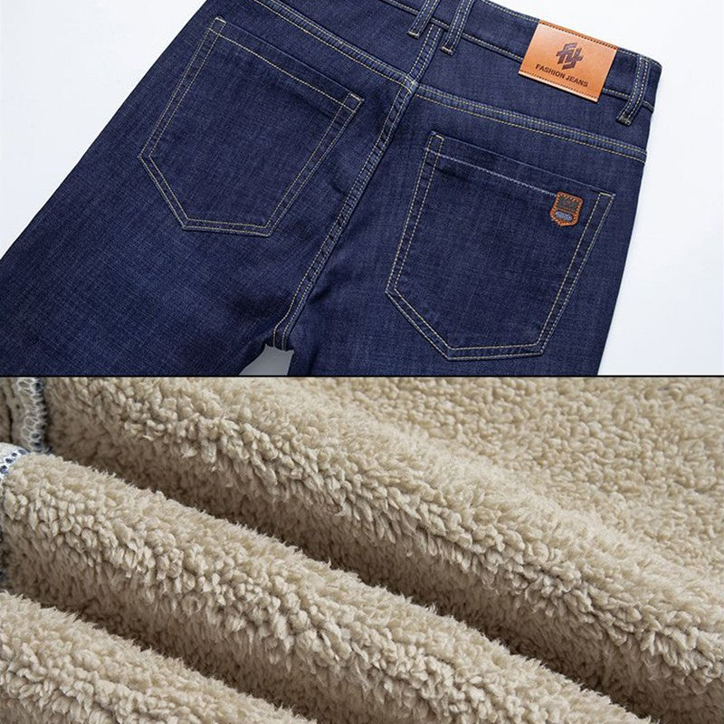 Men Winter Fleece Lined Thickened Warm Jeans Male Fashion Loose Straight Slim Fit Denim Pants Smart Casual Comfortable Trousers