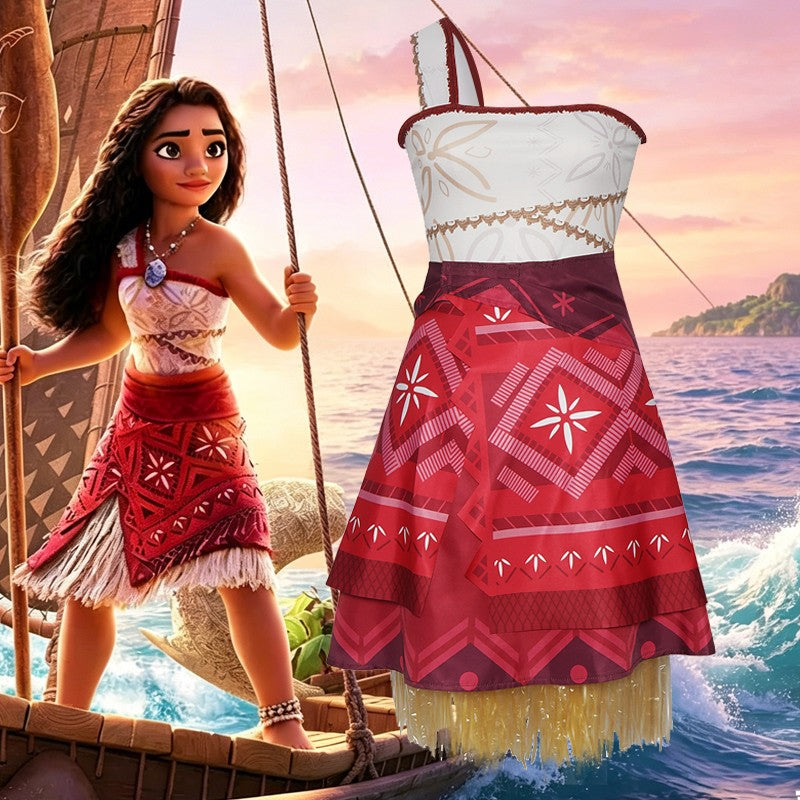 Family Matching Moana Costume Set, Adult Kids Polynesian Princess Dress with Fringe, Halloween Carnival Party Cosplay Outfit