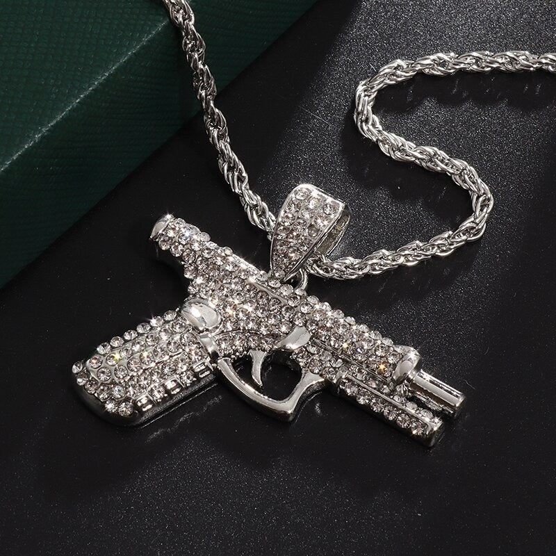 Bling Iced Out Pistol Pendant Submachine Gun Necklace Men Personality Hip Hop Rock Punk Cool Street Party Jewelry Gift
