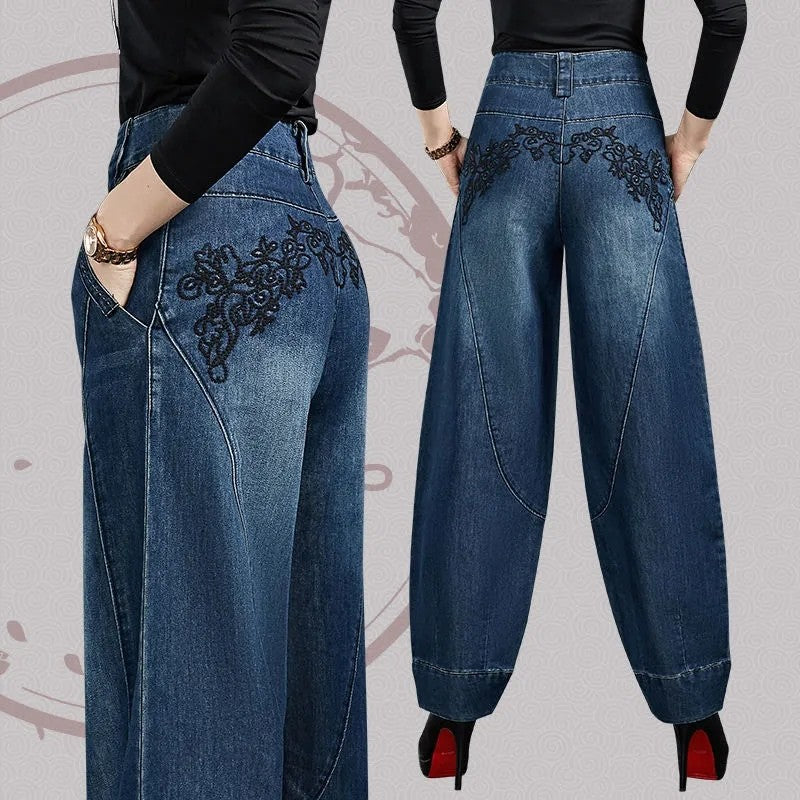 Autumn Winter High Waisted Women Jeans Casual Loose Embroidery Bloomers Trousers Female Fashion Wide Leg Denim Pants Blue