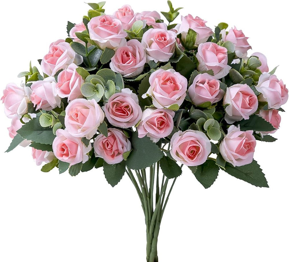 10 Heads pink Artificial Silk Rose Flowers Fake White Eucalyptus Peony Flower Bouquet, for Home Wedding Party Garden Decoration