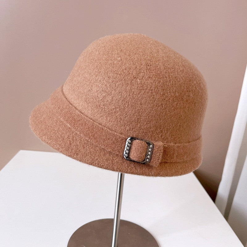 Japanese Wool Hat Women's Autumn and Winter Warm Knitted Hat Diamond Buckle Ribbon Fisherman Hat Front and Back Small Basin Hat