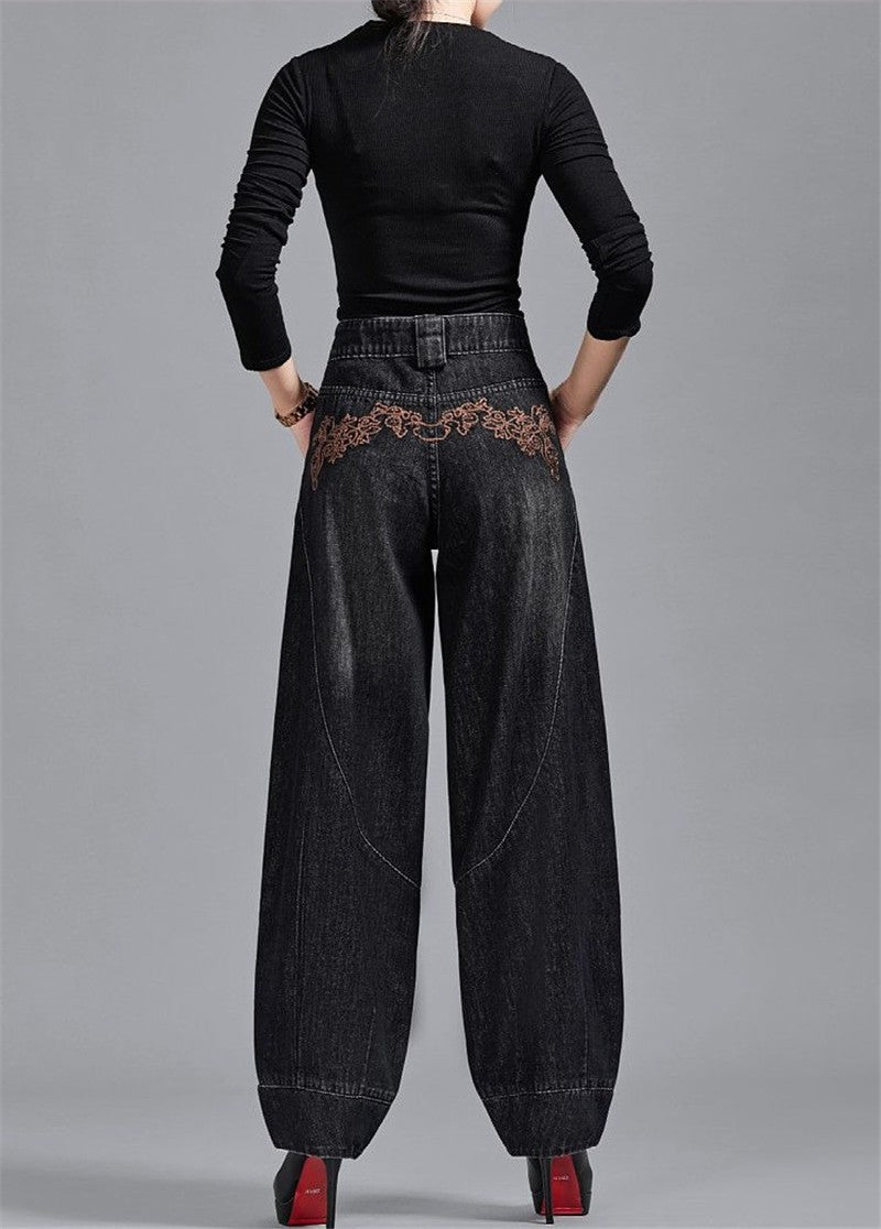Autumn Winter High Waisted Women Jeans Casual Loose Embroidery Bloomers Trousers Female Fashion Wide Leg Denim Pants Blue