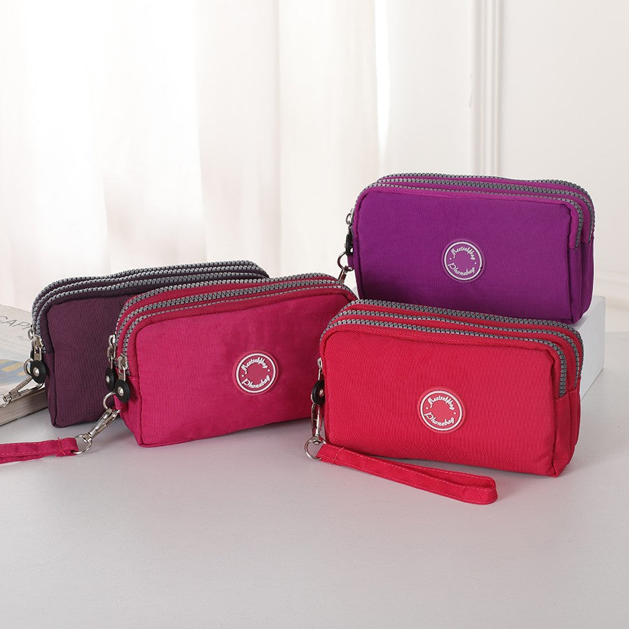 Daily multi-functional ladies handbag three-layer zipper large capacity mobile phone bag pure color coin purse key storage bag