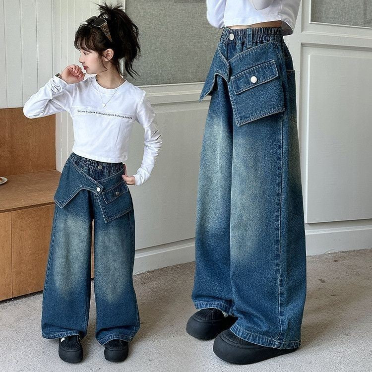 2025 Autumn Trendy Korean Style Flared Jeans for Girls - Medium & Large Kids, Ruffled Long Pants for Junior High Students