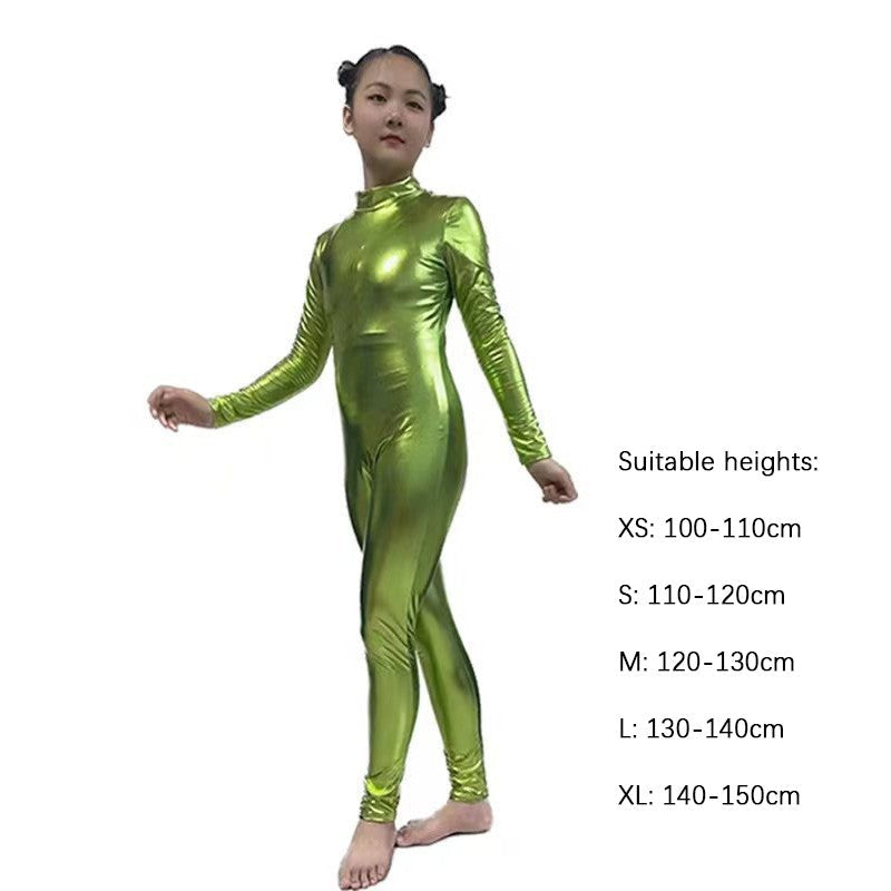 Kids Shiny Full Body Zentai Suit Metallic Tight Jumpsuit Halloween Cosplay Stage Performance Costume for Girls Boys