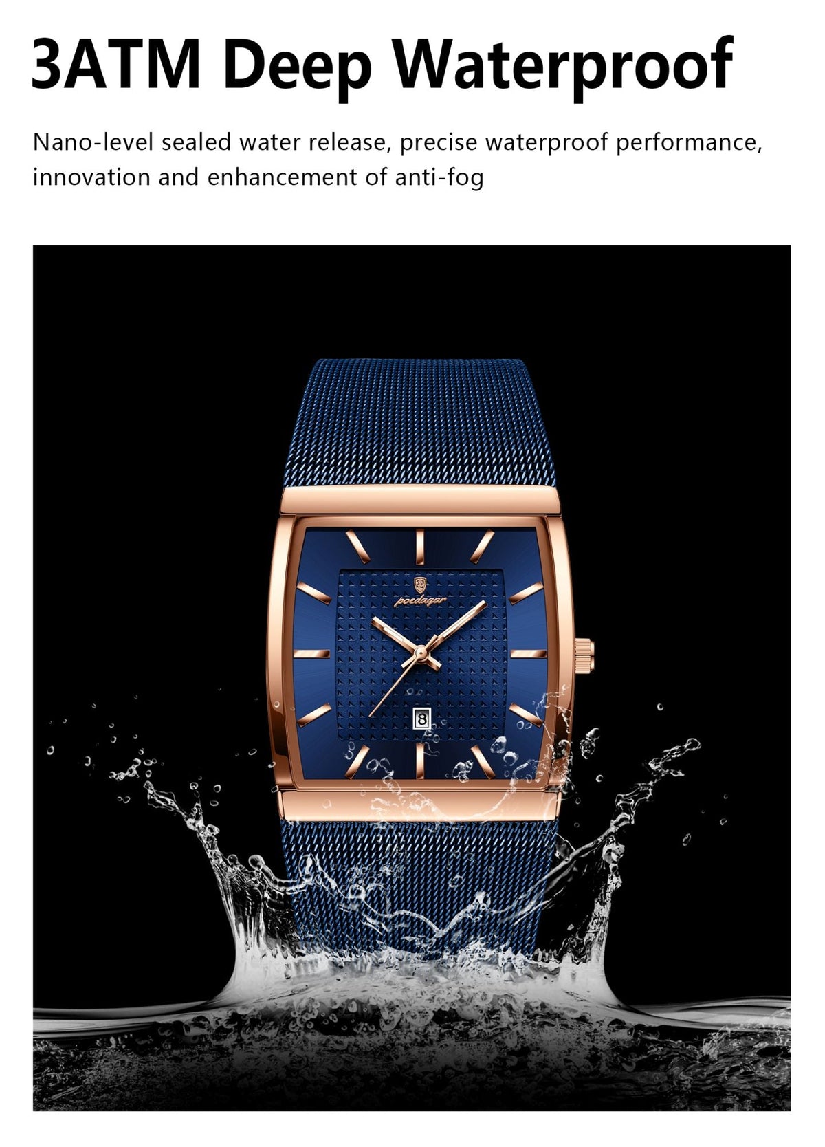 POEDAGAR Top Luxury Men Watch Stainless Steel Mesh Date Waterproof Luminous Man Wristwatch Casual Rectangle Quartz Men's Watches