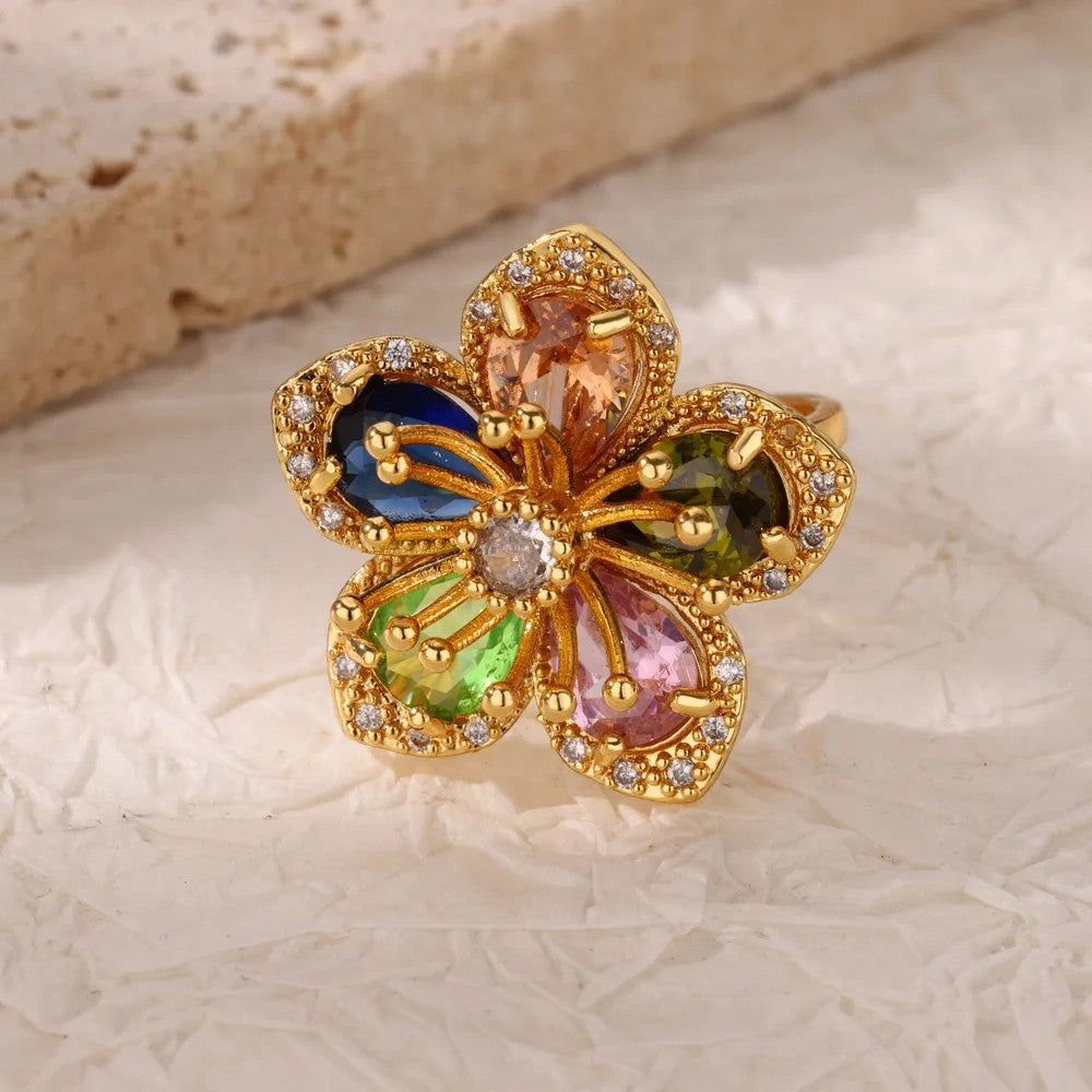 Luxury Stainless Steel Rings Gold Plated Colorful Stone Zircon Crystal Heart Ring For Women Wedding Boho Jewelry Christmas Gift