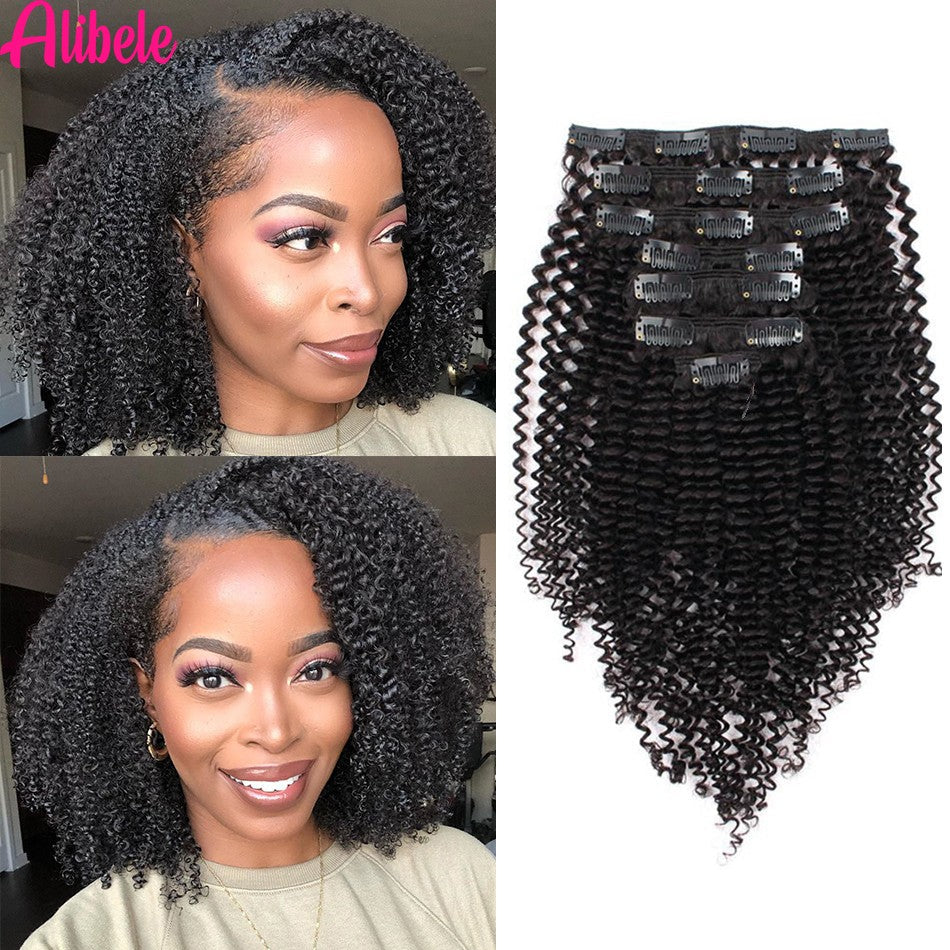 Alibele 4B 4C Afro Kinky Culy Clips In Human Hair Extensions Brazilian Remy Hair Clips in 120G 8Pcs/Set 10-28 Inches For Women