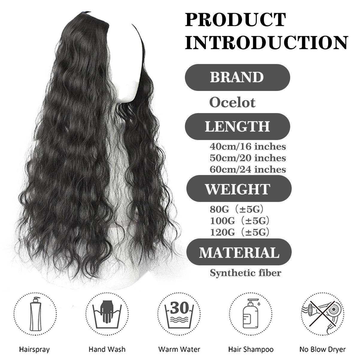 Ocelot 16-24 inch synthetic wavy hair extension wig natural water ripple women's hair accessories hair extension long curly hair