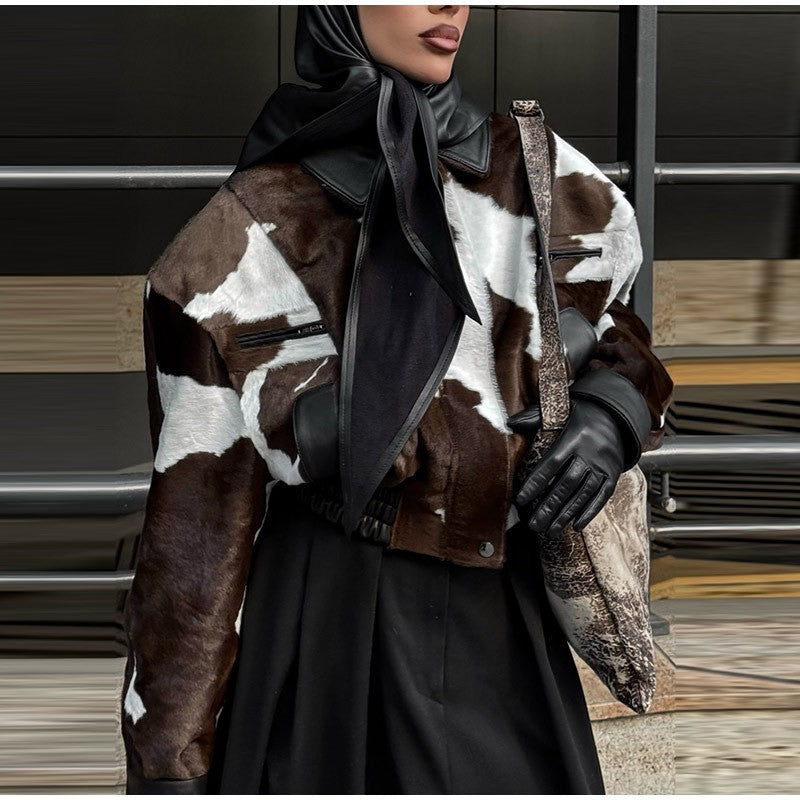 Fashion Women's Cow Print Jacket Lapel Collar Short Length Zipper Button Coats 2025 Autumn Winter Female Trendy Warm Outerwear