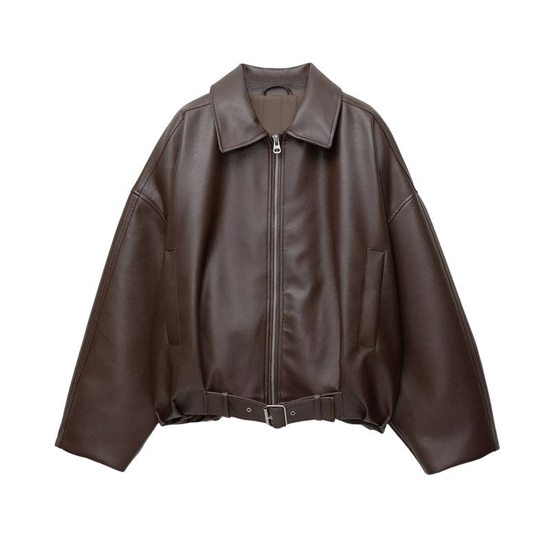 Street Stand Collar Women's Leather Jacket Loose Long Sleeve Zipper Pockets Chic Female Coats 2025 Autumn Winter Lady Outerwear