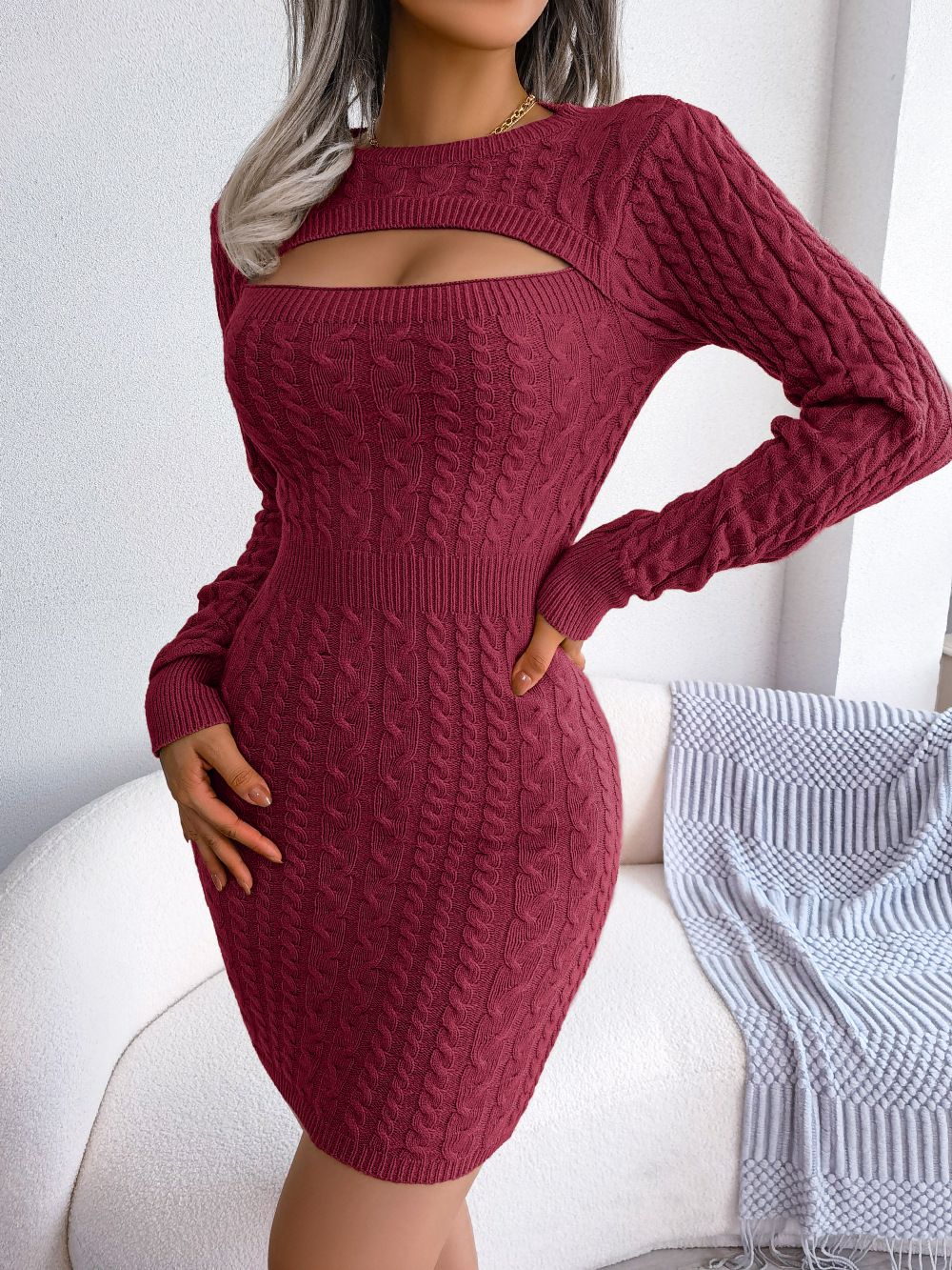 VigoCasey 2025 Blue Casual Short Knit Dress Autumn Winter Women Long Sleeve Dress Sexy Lady Solid Hollow Bodycon Knitted Dresses