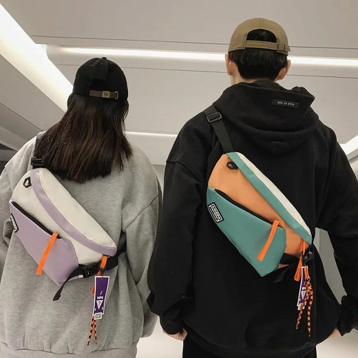 Couple style color blocked large capacity fashionable single shoulder crossbody bag, casual sports chest bag waist bag