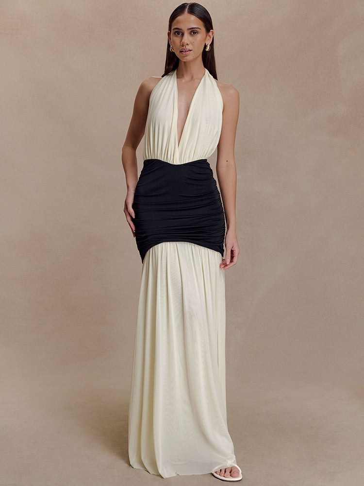 Mozision Patchwork Halter Backless Sexy Maxi Dress Women Gown Elegant Deep V Neck Sleeveless High Waist Bodycon Club Party Dress