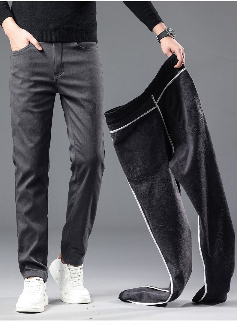 Fleece Pants Men's Winter Thick Slim Elastic Business Casual Velvet Pants Warm Fashion Solid Color Plush Trousers Male