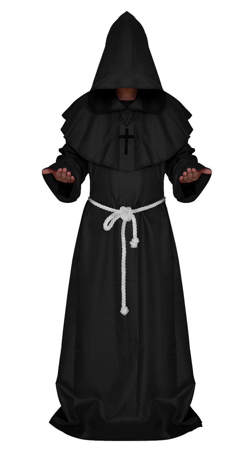 Halloween Wizard Cosplay Medieval Monk Hooded Robe Costume Mask Hat For Men Steampunk Priest Horror Masquerade Unisex Cloak Cape