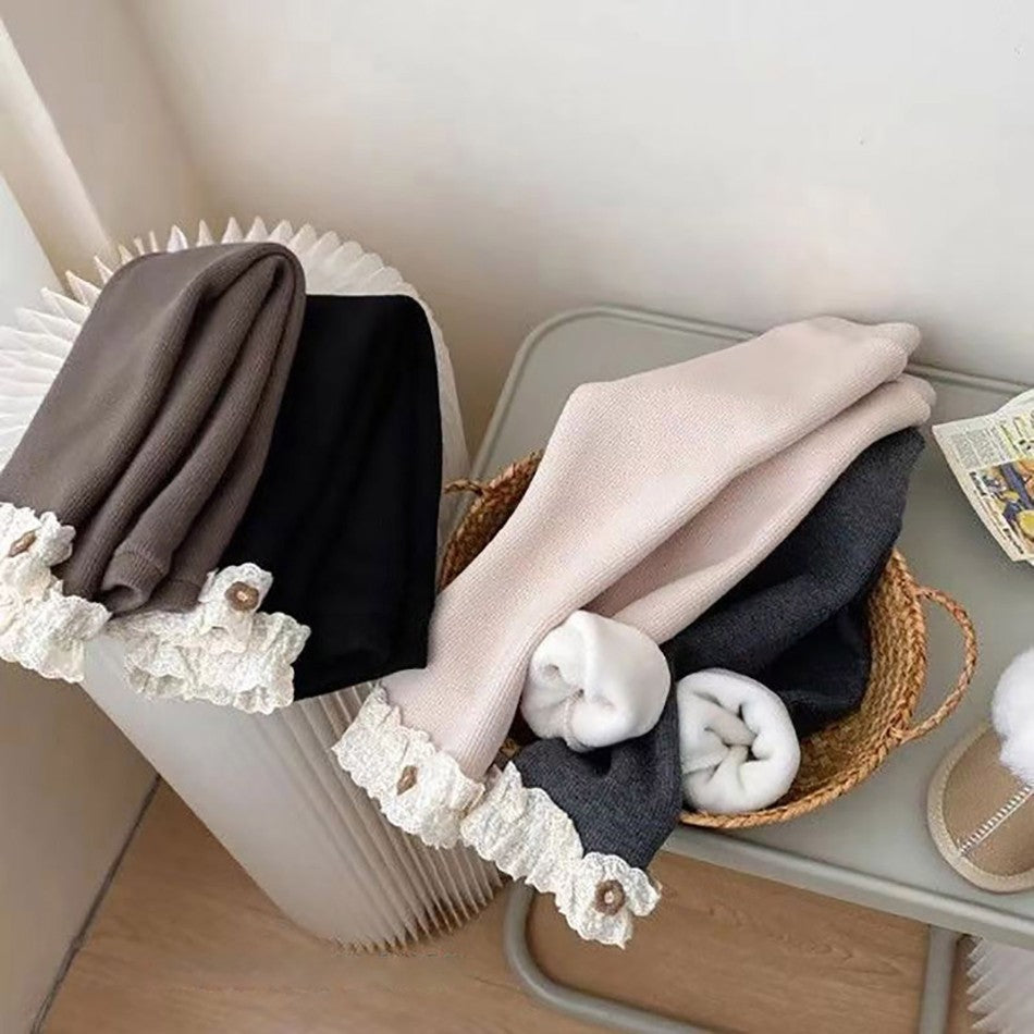 Girls Fleece Lined Leggings Children Fashion Lace Trim Slim Fit Thermal Pants Kids Winter Warm Outwear Casual Clothes