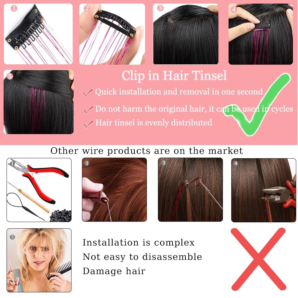 6Pcs 50cm Sparking Shiny Hair Tinsel Hair Extensions Tinsel Synthetic Hair Clip Extensions Women for Braiding Headdress