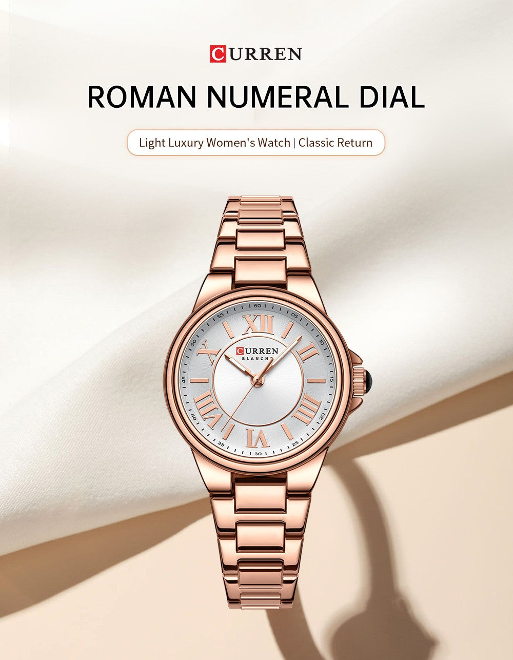 CURREN Romantic Charm Women's Wristwatches Fashion Design Thin Quartz Watch with Luminous Hands Stainless Steel Bracelet