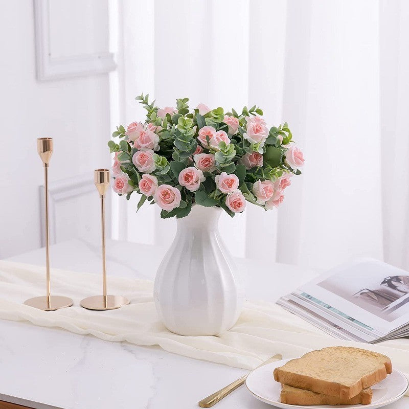 10 Heads pink Artificial Silk Rose Flowers Fake White Eucalyptus Peony Flower Bouquet, for Home Wedding Party Garden Decoration