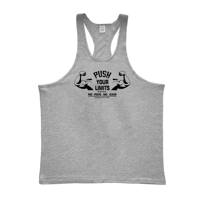 PUSH YOUR LIMITS NO PAIN NO GAIN Cotton Gym Tank Top Mens Bodybuilding Clothing Y Back Fitness Stringer Singlets Workout Shirt