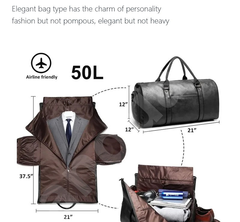 2025 New Men's Large Capacity Leather Waterproof Weekend Travel Business Convertible Suit Bag 2 in 1 Hand Carry-on Luggage Bag