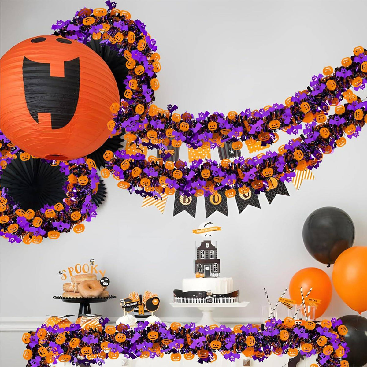 Halloween Tinsel Garland 2M Purple Tinsel Garland with Pumpkin Bat, Halloween Decoration for Indoor Outdoor Garden Party Porch