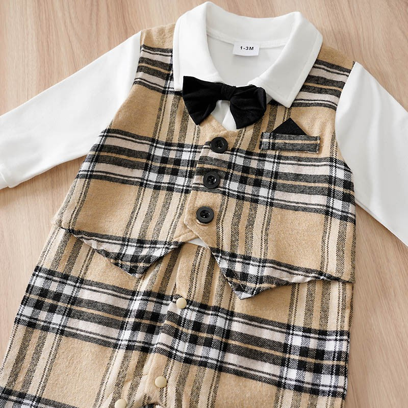 Newborn Baby Boy Clothes white baby onesie with khaki check print One-piece Vest gentleman's spring and autumn pajamas
