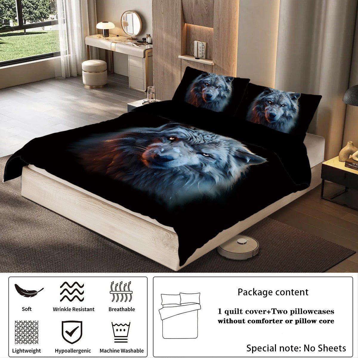 3-piece set, wolf pattern printed bedding set, queen, king, double bed, for bedroom, guestroom, hotel, home decoration