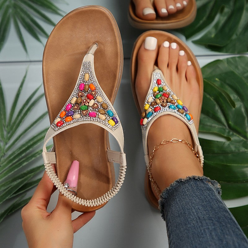 Retro Bohemian Flat Heels Sandals for Women 2024 summer Rhinestone Beads Clip Toe Sandals Woman Lightweight Beach Flip Flops