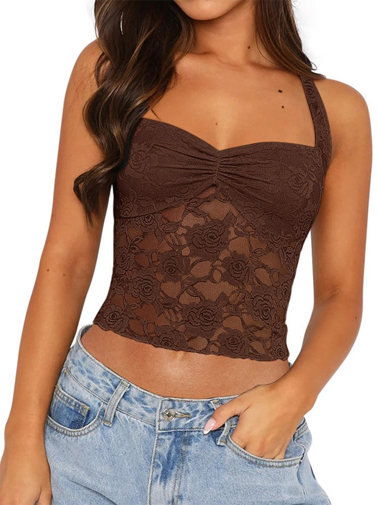 2025 Spring and Summer New Women's Y2K Style Sleeveless Sexy Slim Lace T-shirt Lace Tie Solid Color Vest Top