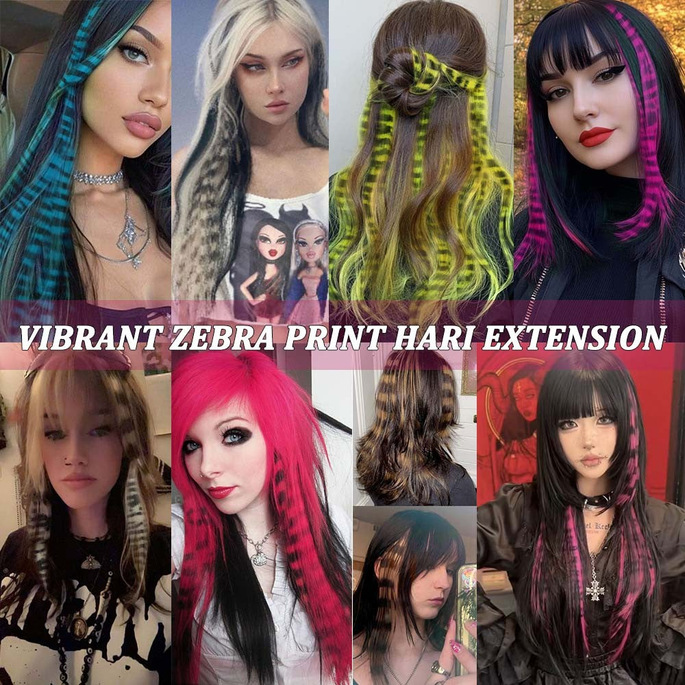 Colorful Feather Hair Extensions 8Pcs 18" Animal Stripe Print Hair Clip-on Rainbow Synthetic Hair for Cosplay, Party, Festivals