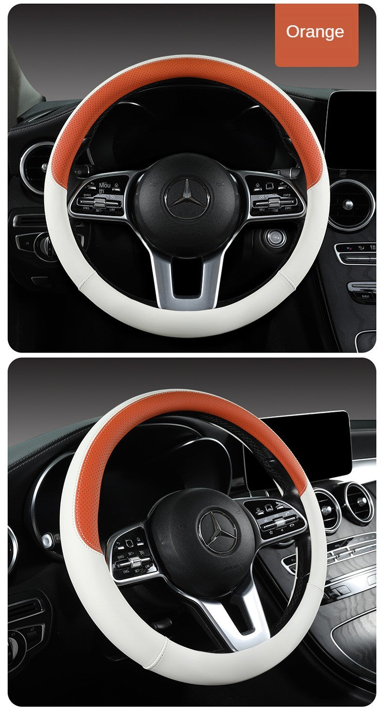 Perforated Nappa Leather Car Steering Wheel Cover Warm in Winter and Cool in Summer, Universal 15 Inch, Anti-Slip, Odorless