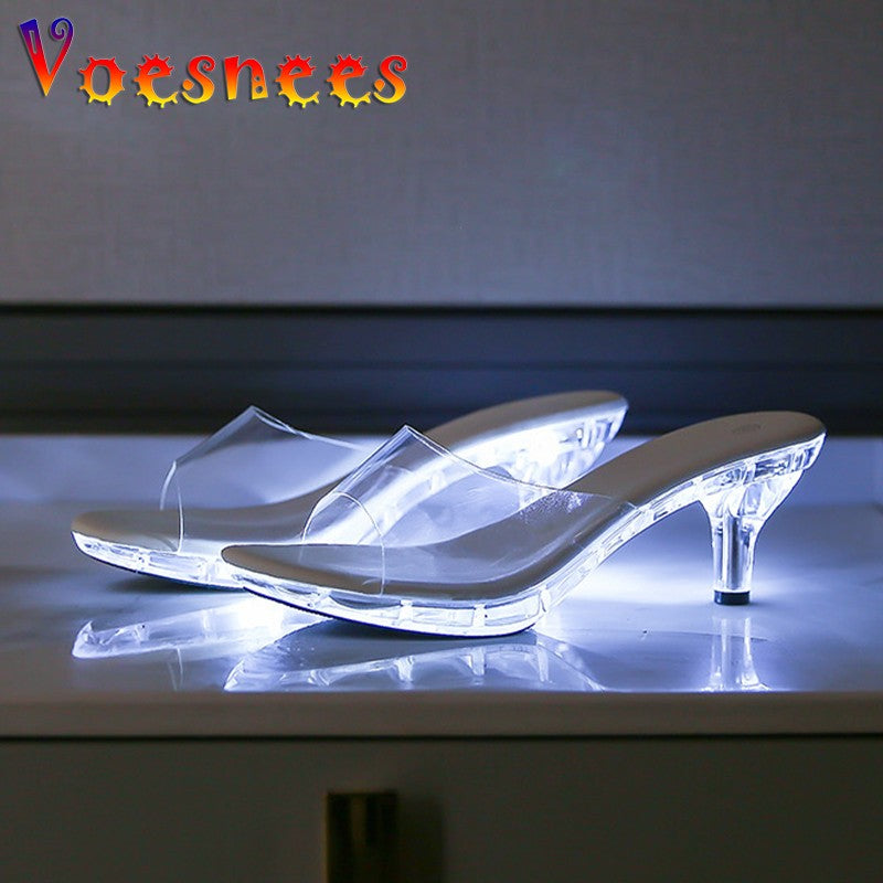 6CM Women's Kitten Heels Slides LED Light Sandals Nightclub Slim Heel Transparent Crystal Outside Slippers Tourist Beach Shoes
