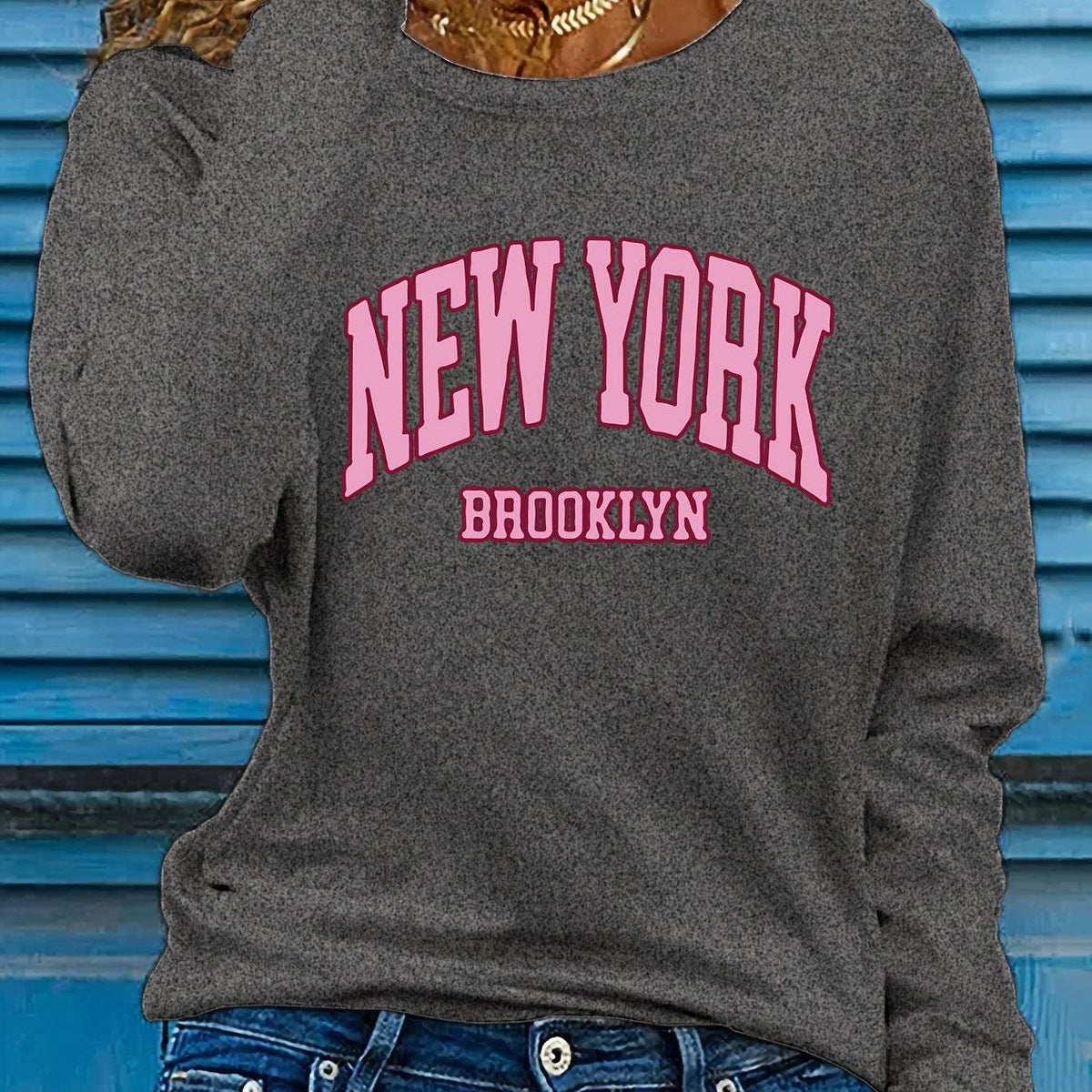 Women's autumn and winter 100% pure cotton fashionable casual Brooklyn New York printed loose round neck long sleeved T-shirt