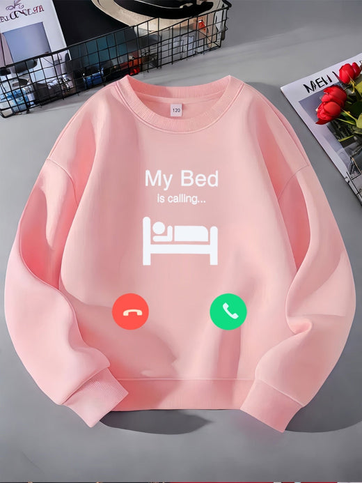 Girls Boys "My Bed Is Calling" Graphic Sweatshirt Pullover with Phone Call Design Funny Clothing Kids Fashion Casual Sweater