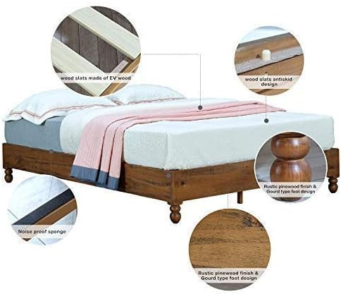 12 Inch Solid Wood Bed Frame Rustic Style Eliminates The Need for a Boxspring, Natural Finish, King