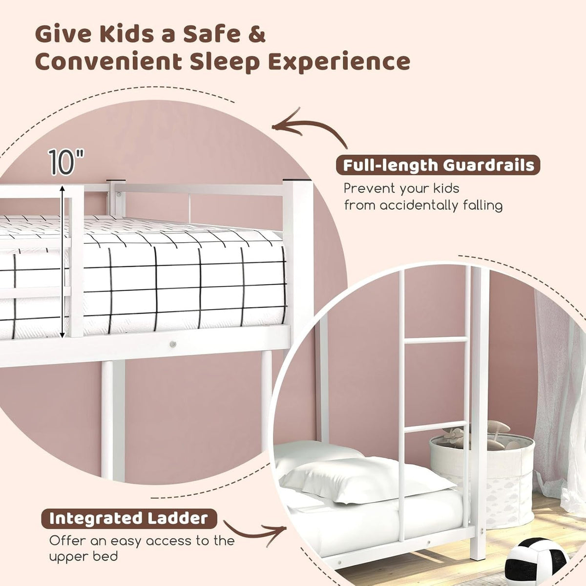 White Twin Over Twin Metal Bunk Beds, Heavy Duty Bed Frame with Safety Guard Rail & Ladder, Low Floor Bunk Bed for Boys