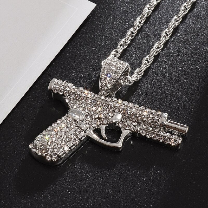 Bling Iced Out Pistol Pendant Submachine Gun Necklace Men Personality Hip Hop Rock Punk Cool Street Party Jewelry Gift