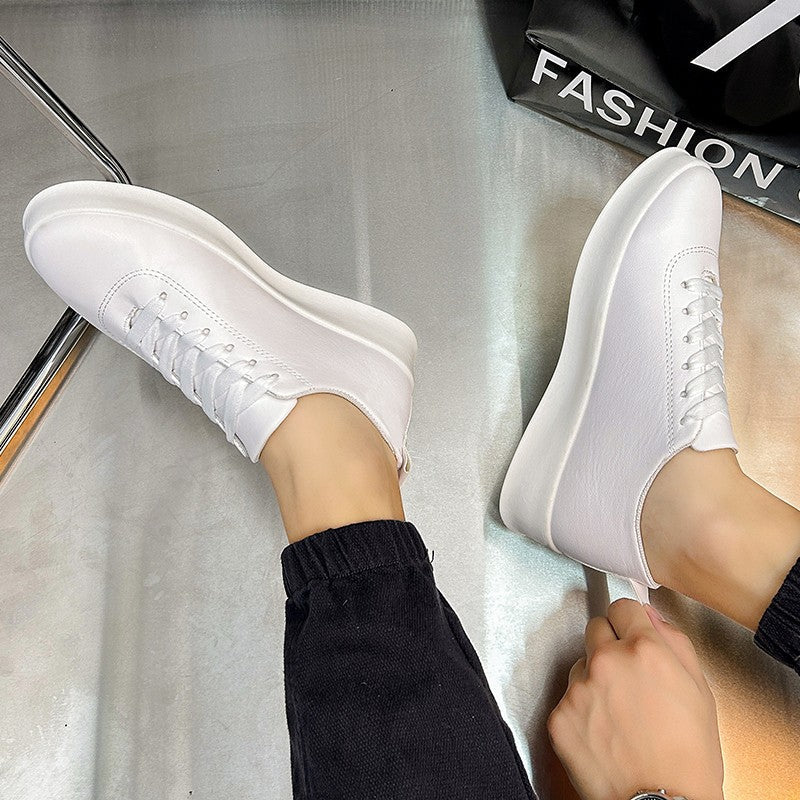 Fashion Thick Sole Black White Soft Men Leather Shoes Platform Men Casual Board Shoes Walking Sport Shoes Lightweight Work Shoes