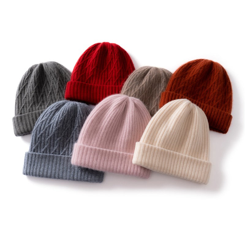 Autumn Winter 100% Cashmere Hat Double Layer Thickened Reversible Cold-Proof Unisex Knitted Wool Hat Versatile Ear Protection