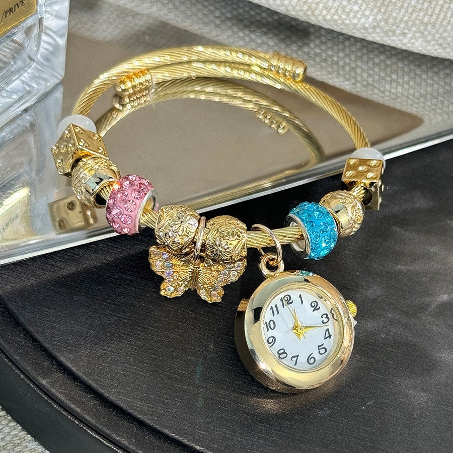 Cross-border Gold Bracelet Watch Adjustable opening Alloy bracelet Quartz Watch Beaded Small flower bracelet Watch