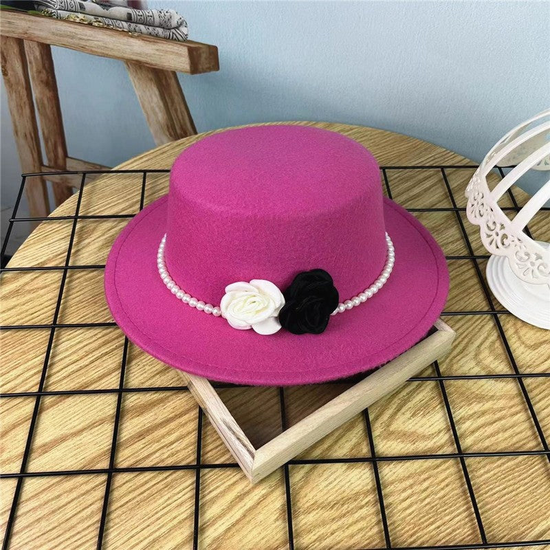 Women's Floral Chain Fedora High Fashion with Pearl Pins Bump Cap Black White Autumen Winter Ladies Fedoras Wide Brim Girl Hat