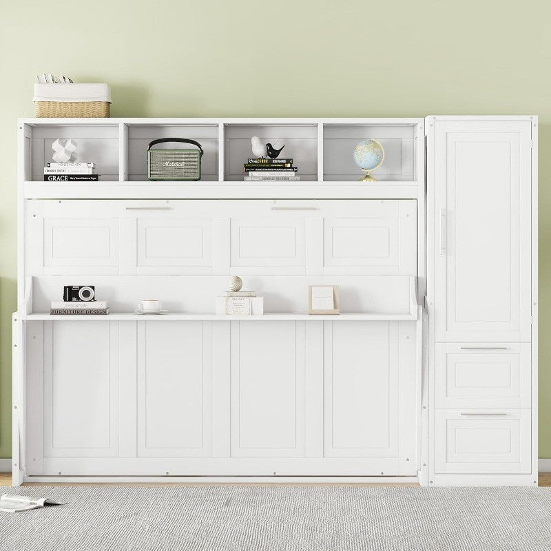 Full Murphy Bed with Storage Cabinets, Space Saving White