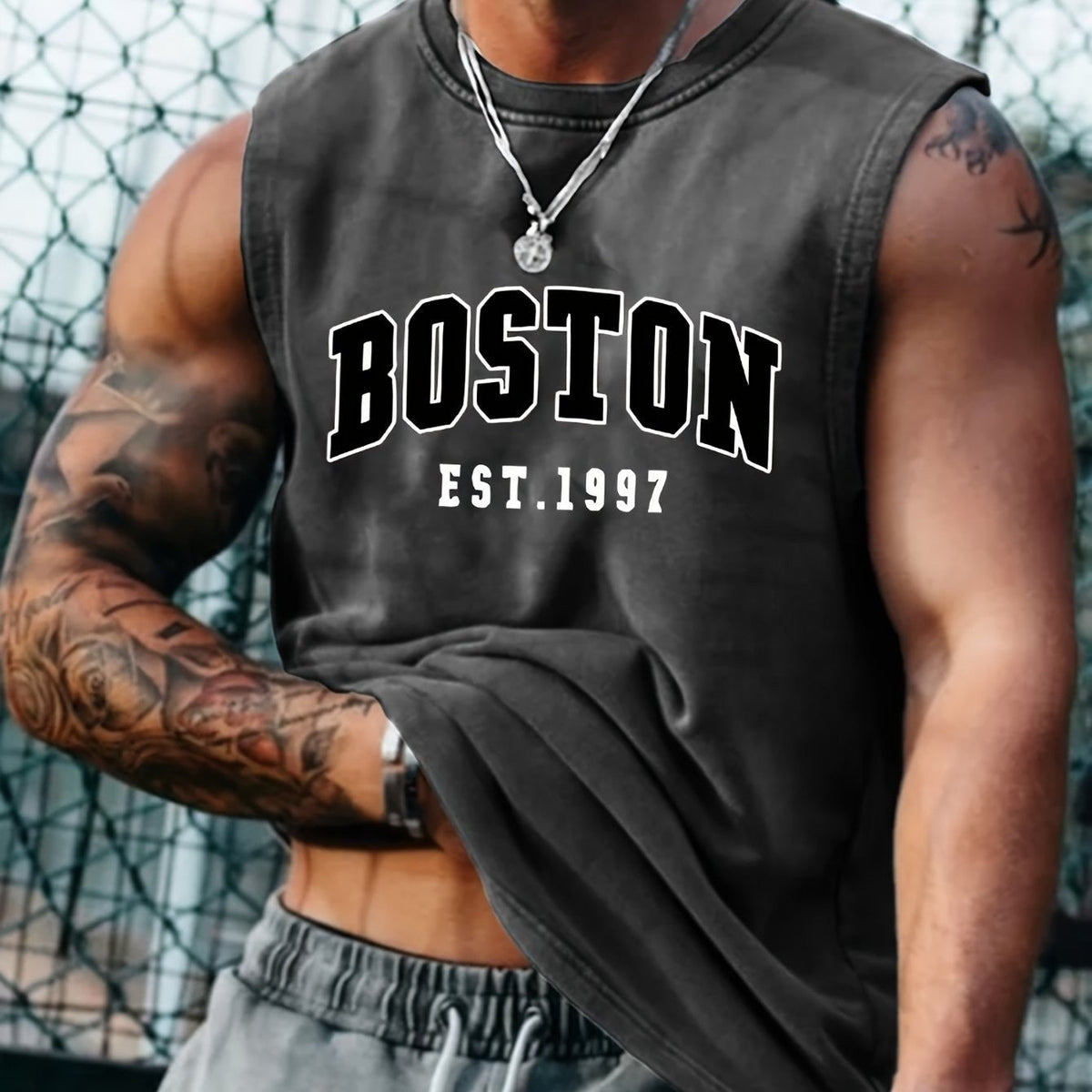 Men's summer fashion casual sports loose Boston est 1997 Print comfortable breathable round neck sleeveless vest