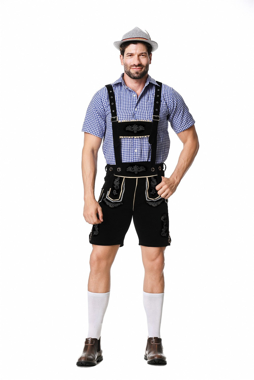 Male Oktoberfest Lederhosen Costume Bavarian Octoberfest German Beer Costume Shirt Suspender Shorts Hat Cosplay Costumes